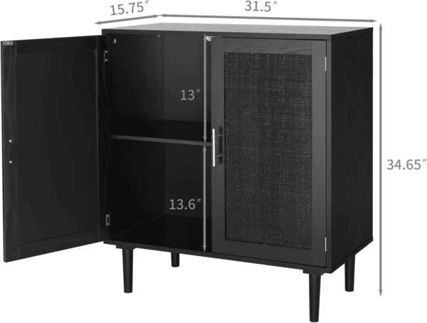 Sideboard Buffet Kitchen Storage Cabinet with Black Painted Rattan Decorated Doors, Dining Room, Hallway, Cupboard Console Table, Liquor/Accent Cabinet, 31.5X 15.8X 34.6 Inches, Black - Image 3
