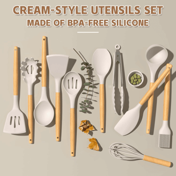 Kitchen Cooking Utensils Set, 33 Pcs Non-Stick Silicone Cooking Kitchen Utensils Spatula Set with Holder, Wooden Handle Silicone Kitchen Gadgets Utensil Set (Khaki) - Image 4