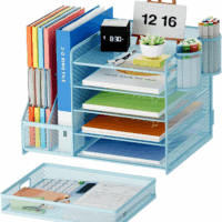 Desk Organizer with File Holder, 5-Tier Paper Letter Tray Organizer with Drawer and 2 Pen Holder, Mesh Desktop Organizer and Storage with Magazine Holder for Office Supplies(Blue) - Image 2
