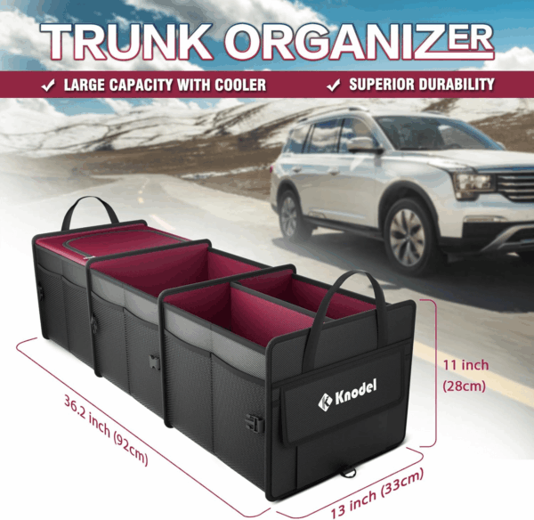 Sturdy Car Trunk Organizer with Premium Insulation Cooler Bag, Heavy Duty Collapsible Trunk Storage Organizer for Car, SUV, Truck, or Van (3 Compartments, Red) - Image 2