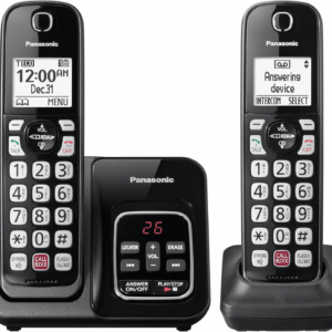 Cordless Phone with Answering Machine, Advanced Call Block, Bilingual Caller ID and Easy to Read High-Contrast Display, Expandable System with 2 Handsets - KX-TGD832M (Metallic Black)