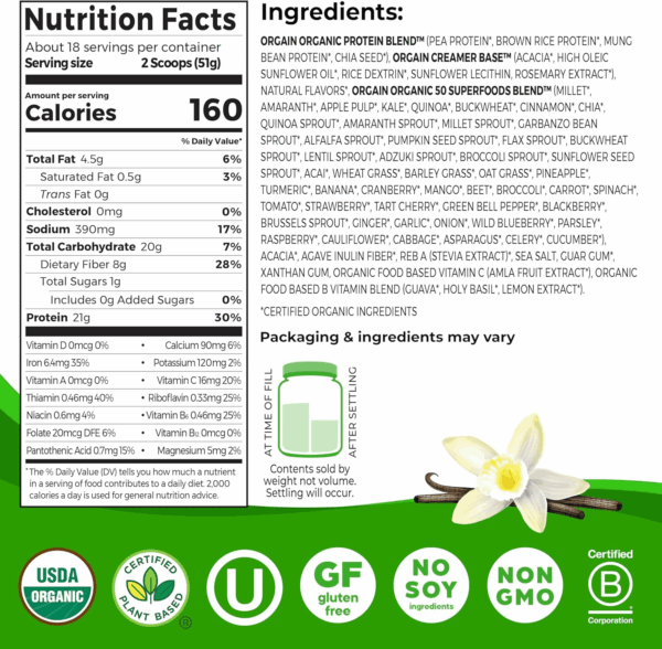 Organic Vegan Protein + 50 Superfoods Powder, Vanilla Bean - 21G Plant Based Protein, 8G Prebiotic Fiber, No Lactose Ingredients, Gluten Free, No Added Sugar, Non-Gmo, 2.02 Lb - Image 2