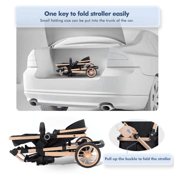 Baby Stroller for Toddler,Bassinet Stroller,Foldable Aluminum Alloy Pushchair with Adjustable Backrest,Adjustable Direction Gold Black. - Image 2