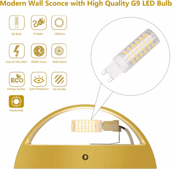 Brushed Brass Wall Sconce Indoor Wall Lights Hardwired 1 Pack up and down Wall Mount Light for Living Room Bedroom Hallway Corridor Conservatory Warm White 3000K(With G9 Bulbs) - Image 2