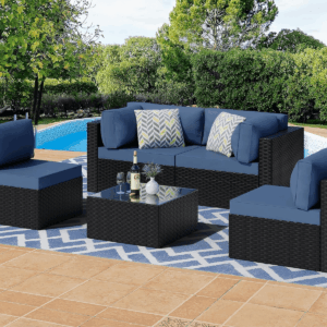 5 Pieces Outdoor Patio Sectional Sofa Couch, Black PE Wicker Furniture Sets, Patio Conversation Sets with Washable Cushions Glass Coffee Table for Garden, Poolside, Backyard, Aegean Blue