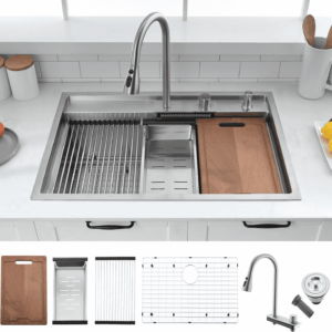 30 Inch Drop in Waterfall Kitchen Sink Workstation with Faucet Combo- 30X22 Drop-In Sink 16 Gauge Stainless Steel Single Bowl Kitchen Sink with Cutting Board