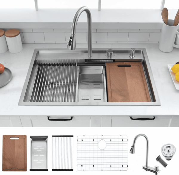 30 Inch Drop in Waterfall Kitchen Sink Workstation with Faucet Combo- 30X22 Drop-In Sink 16 Gauge Stainless Steel Single Bowl Kitchen Sink with Cutting Board
