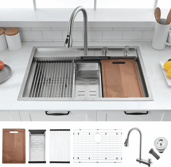 30 Inch Drop in Waterfall Kitchen Sink Workstation with Faucet Combo- 30X22 Drop-In Sink 16 Gauge Stainless Steel Single Bowl Kitchen Sink with Cutting Board
