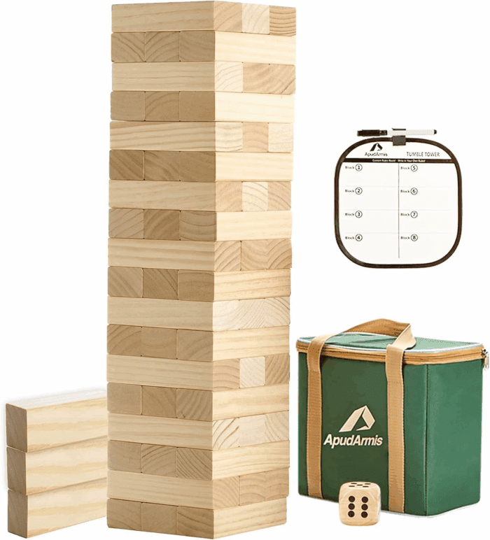 54 PCS Tumble Timber Set [Stack to 3FT], Pine Wooden Tumble Tower Game with Dice and Scoreboard Set - Classic Block Stacking Board Game for Teens Children Teenagers