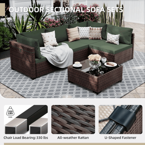 5 Pieces Patio Furniture Sets Outdoor Sectional Sofa Wicker Conversation Couch for Decks, Backyards, Gardens, Brown Rattan, Pine Green Cushion - Image 3
