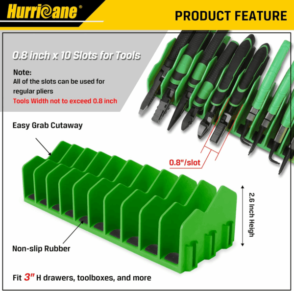 Plier Organizer Rack, 10-Slot Pliers Cutters Organizer Rack with Non-Slip Rubber Base, Tool Organizer, Tool Drawer Toolbox Organizer and Storage, Green, Extendable Design, Fit 3” H, 1 Pack - Image 3