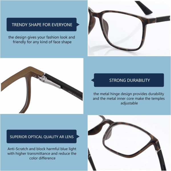 Blue Light Reading Glasses for Men，Sport Square Frame Readers, anti Glare Computer Glasses - Image 3