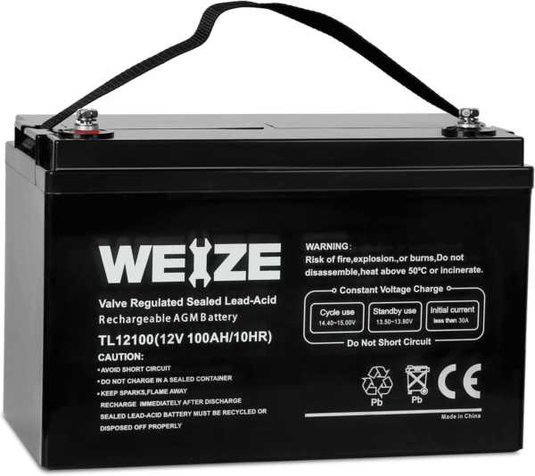 Deep Cycle AGM 12 Volt 100Ah Battery, Maintenance-Free, 3% Self-Discharge Rate, 1150A Max Discharge Current, Perfect for RV, Solar, Trolling Motor, Wind, Marine, Camping and Off-Grid System