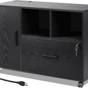 File Cabinet with Charging Station, 1-Drawer Lateral File Cabinets with Lock for Home Office, Wooden Rolling Printer Stand with Shelves, Black