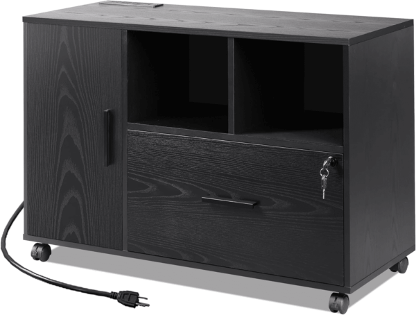 File Cabinet with Charging Station, 1-Drawer Lateral File Cabinets with Lock for Home Office, Wooden Rolling Printer Stand with Shelves, Black