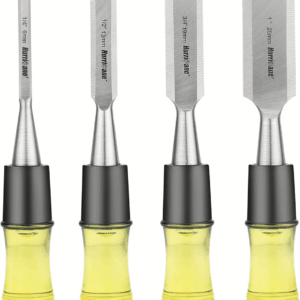 4 Piece Wood Chisel Set for Woodworking. CR-V Steel Beveled Edge Blades with Safety Caps. Durable PVC High Impact Handle, for Precision Carving & DIY Projects (1/4", 1/2", 3/4", 1")
