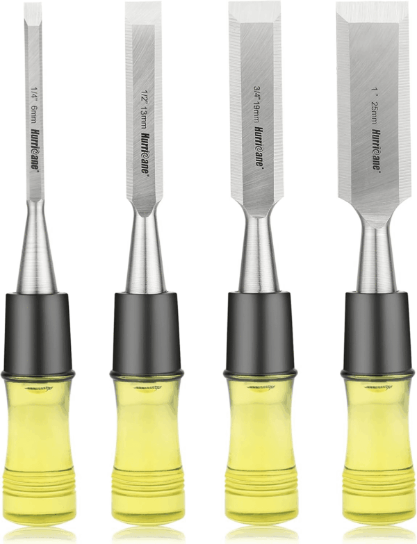 4 Piece Wood Chisel Set for Woodworking. CR-V Steel Beveled Edge Blades with Safety Caps. Durable PVC High Impact Handle, for Precision Carving & DIY Projects (1/4", 1/2", 3/4", 1")