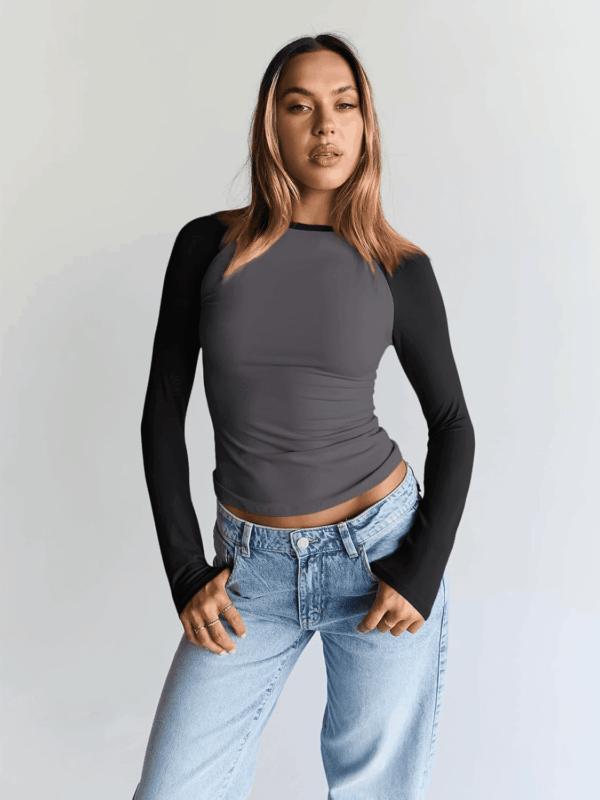 Women'S Long Sleeve Shirts Slim Fit Stretchy Color Block Slightly Cropped Tops - Image 2
