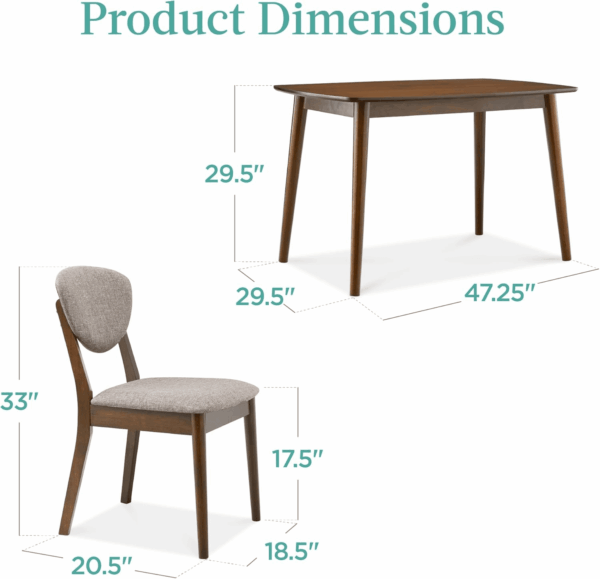5-Piece Dining Set, Compact Mid-Century Modern Table & Chair Set for Home, Apartment W/ 4 Chairs, Padded Seats & Backrests, Wooden Frame - Walnut/Light Gray - Image 7