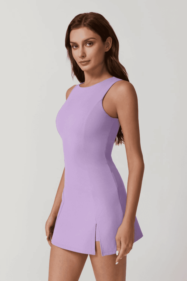 Womens Crew Neck Tennis Dress Sleeveless Side Slit Golf Athletic Dress Build in Shorts with Pockets - Image 4
