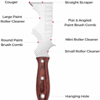8-In-1 Painters Tool - Paint Brush Comb, Paint Roller Cleaner, Stainless Steel Scraper, Putty Knife, Paint Can Opener, Wooden Handle - Image 2
