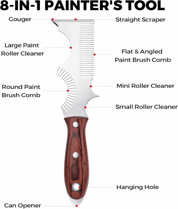 8-In-1 Painters Tool - Paint Brush Comb, Paint Roller Cleaner, Stainless Steel Scraper, Putty Knife, Paint Can Opener, Wooden Handle - Image 2