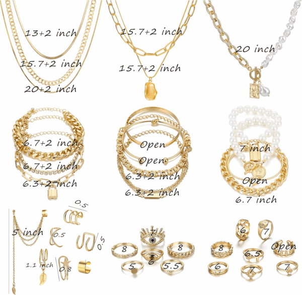 36 PC Gold Plated Jewelry Set with 4 Necklace, 11 Bracelet, 7 Ear Cuffs Earring, 14 Knuckle Rings for Women Girls Valentine Anniversary Birthday Friendship Gift - Image 7