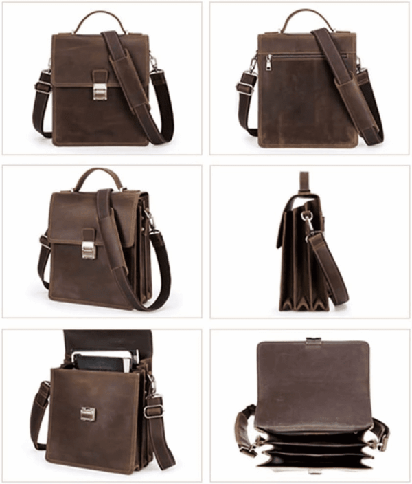 Full Grain Leather Small Messenger Bag for Men with Lock Briefcase Travel Crossbody Shoulder Bag - Image 8