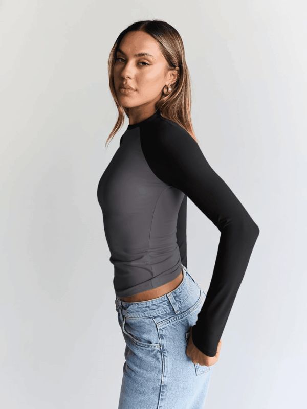 Women'S Long Sleeve Shirts Slim Fit Stretchy Color Block Slightly Cropped Tops - Image 3