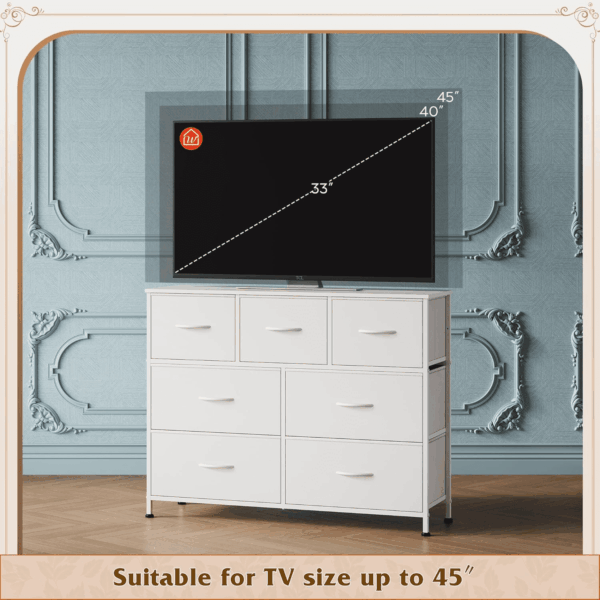 7 Drawer Dresser TV Stand, Dressers for Bedroom, Fabric Storage Tower, Hallway, Entryway, Closets, Sturdy Steel Frame, Wood Top, Easy Pull Handle, White - Image 6