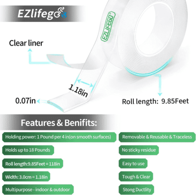 Double Sided Tape Heavy Duty, Nano Double Sided Adhesive Tape, Clear Mounting Tape Picture Hanging Adhesive Strips (9.85FT) - Image 2