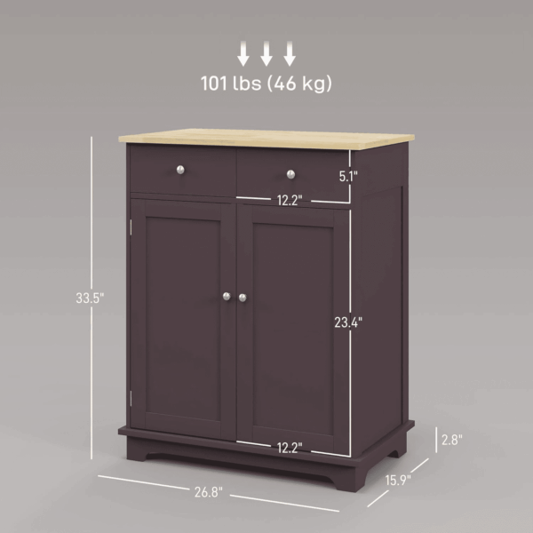 Sideboard with Solid Wood Countertop, Modern Kitchen Storage Cabinet, Coffee Bar Cabinet with 2 Drawers, Doors and Adjustable Shelf, Coffee - Image 3