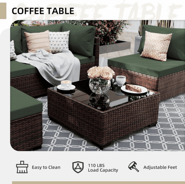 5 Pieces Patio Furniture Sets Outdoor Sectional Sofa Wicker Conversation Couch for Decks, Backyards, Gardens, Brown Rattan, Pine Green Cushion - Image 6