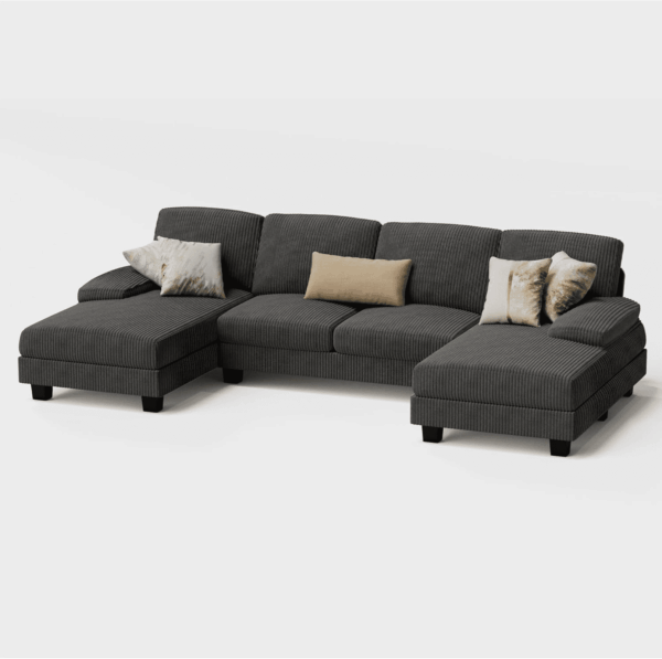 Sectional Couches for Living Room, U-Shaped Sofa Couch with Linen Fabric, 4 Seat Sofa Set with Double Chaise for Apartment (Corduroy, Dark Grey) - Image 8