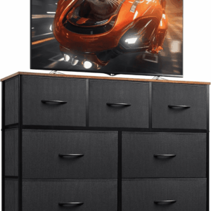7 Drawer Dresser TV Stand, Entertainment Center, Media Console Table with Metal Frame and Wood Top for TV up to 45 Inch, Chest of Drawers for Bedroom, Living Room, Black and Rustic Brown