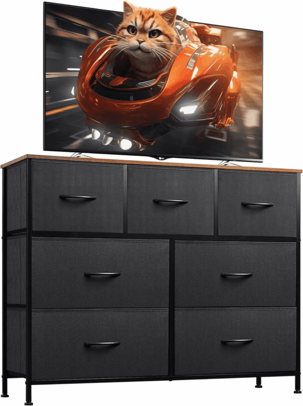 7 Drawer Dresser TV Stand, Entertainment Center, Media Console Table with Metal Frame and Wood Top for TV up to 45 Inch, Chest of Drawers for Bedroom, Living Room, Black and Rustic Brown