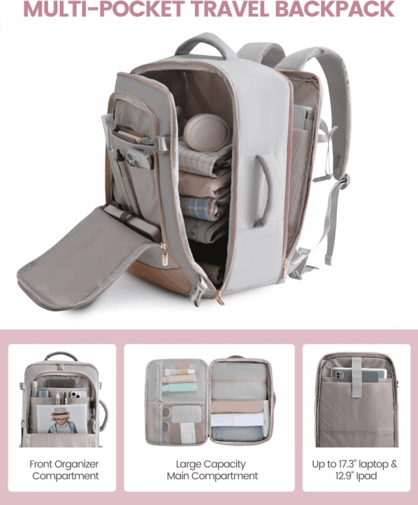 Travel Backpack for Women, 40L Carry on Backpack Flight Approved, Large Personal Item Bag Fits 17 Inch Laptop, TSA Approved Luggage with 3 Packing Cubes,Waterproof Weekender Gym Essentials - Image 4