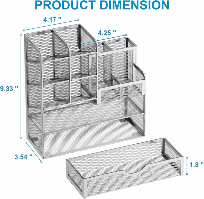 Mesh Pen Holder for Desk, Pen Organizer with Drawer, Multi-Functional Pencil Organizer, Desk Organizers and Accessories for Office Art Supplies (Silver) - Image 4