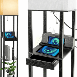Floor Lamp with Shelves,  LED Shelf Floor Lamp with Wireless Charger & 2 Charging USB Ports & Drawer, AC Outlet, 3 Color Temperature Tall Standing Lamp with Bulb for Living Room, Bedroom, Office