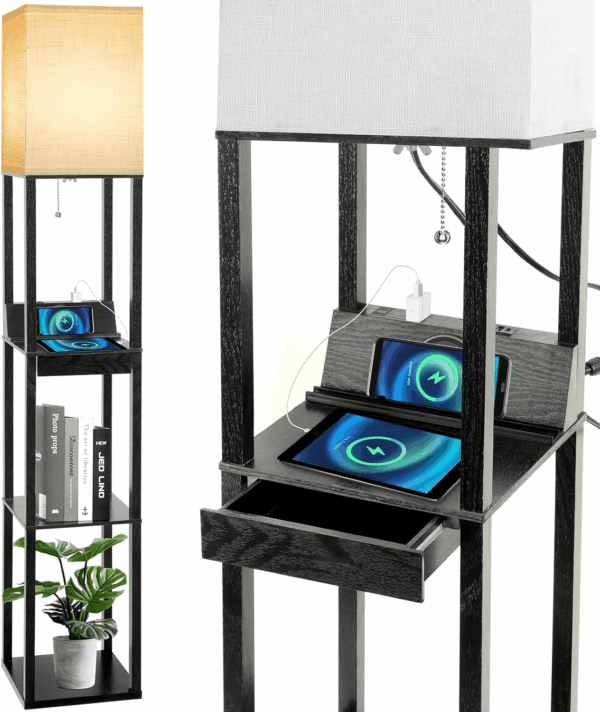 Floor Lamp with Shelves,  LED Shelf Floor Lamp with Wireless Charger & 2 Charging USB Ports & Drawer, AC Outlet, 3 Color Temperature Tall Standing Lamp with Bulb for Living Room, Bedroom, Office