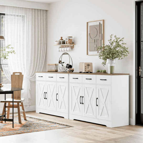 Modern Farmhouse Sideboard Buffet Cabinet, Barn Doors Buffet Storage Cabinet with Drawers and Shelves, Wood Coffee Bar with Storage for Kitchen, Dining Room, Living Room, White - Image 5