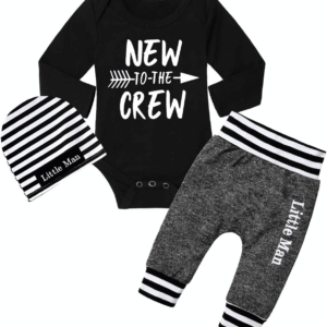 Newborn Baby Boy Clothes New to the Crew Letter Print Romper+ Pants+Hat 3PCS Outfit