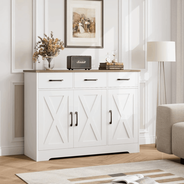 Modern Farmhouse Sideboard Buffet Cabinet, Barn Doors Buffet Storage Cabinet with Drawers and Shelves, Wood Coffee Bar with Storage for Kitchen, Dining Room, Living Room, White - Image 2