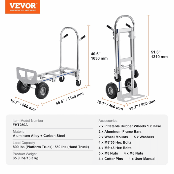 Aluminum Truck, 2 in 1, 800 Lbs Load Capacity, Heavy Duty Industrial Convertible Folding Hand Truck and Dolly, Utility Cart Converts from Hand Truck to Platform Cart with Rubber Wheels - Image 7