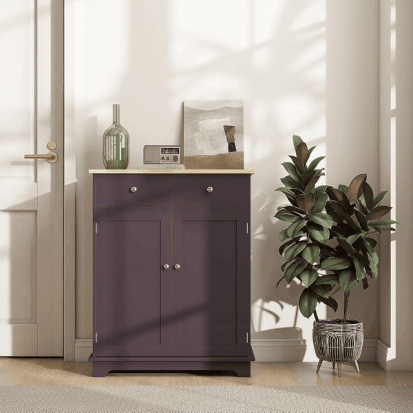 Sideboard with Solid Wood Countertop, Modern Kitchen Storage Cabinet, Coffee Bar Cabinet with 2 Drawers, Doors and Adjustable Shelf, Coffee - Image 8