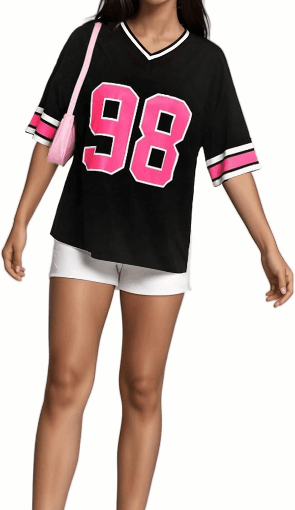 American Jersey for Women Oversized Graphic Stripe Trim V Neck Drop Shoulder Summer Tshirts - Image 5