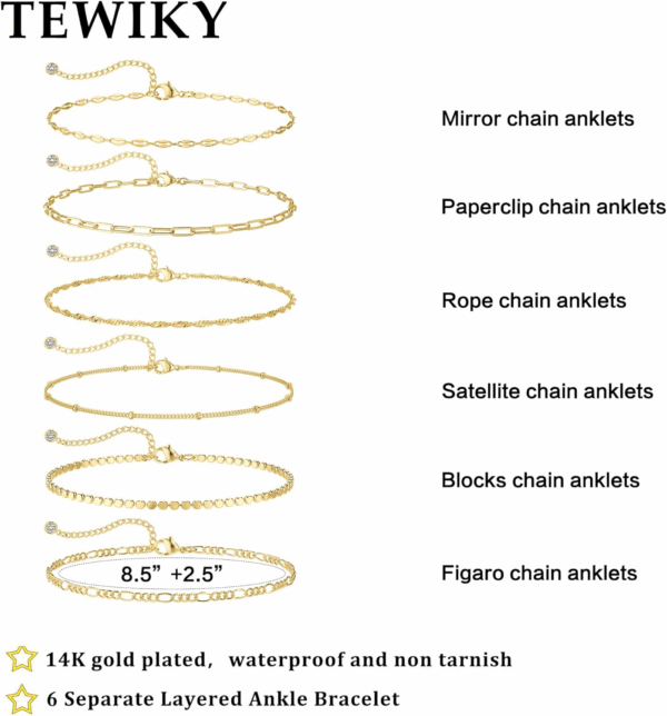 Waterproof Ankle Bracelets for Women, 14K Real Gold Filled Anklets for Women 6PCS Anklet Set Dainty Summer Beach Jewelry - Image 5