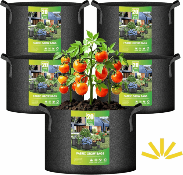 5-Pack 20 Gallon Plant Grow Bags Thickened Nonwoven Aeration Fabric Pots Heavy Duty Durable Container, Strap Handles for Garden with 5 Labels, Black New