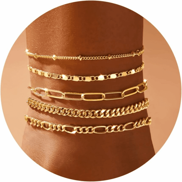 Ankle Bracelets for Women, 14K Gold Jewelry Set Waterproof Layered Cuban Figaro Link Chain Anklets Set Gold Anklets Summer Boho Beach Jewelry Gift Adjustable Size