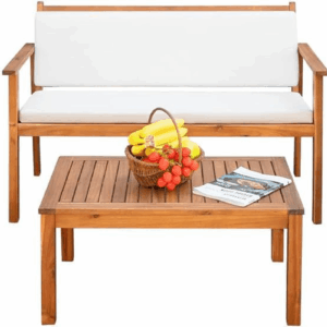 Patio Furniture 4 Piece Acacia Wood Outdoor Conversation Sofa Set with Table & Cushions Porch Chairs for Garden, Deck, Backyard